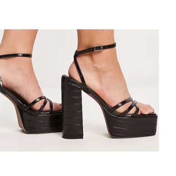 ASOS Shoes - ASOS Women's Strappy Platform‎ Heeled Sandals Party Black Square Toe Size 7